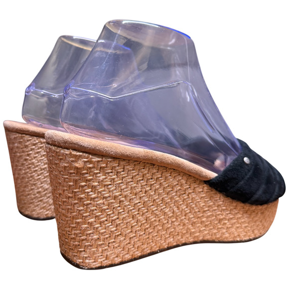 UGG Alvina Women's 7 Black Leather Suede Beige Wedge Heel Slip On Sandal Comfort - Picture 5 of 13